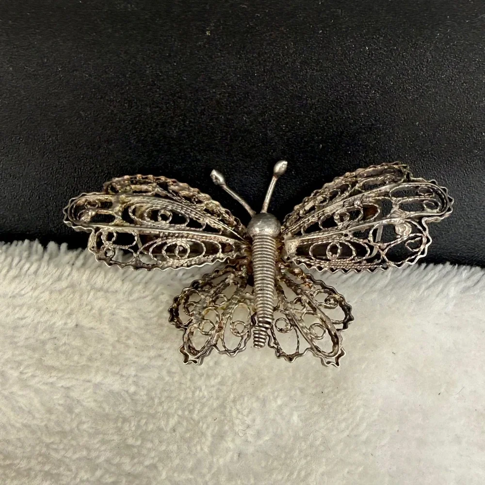 Vintage Butterfly Brooch Spun Silver Filigree Open Work Design